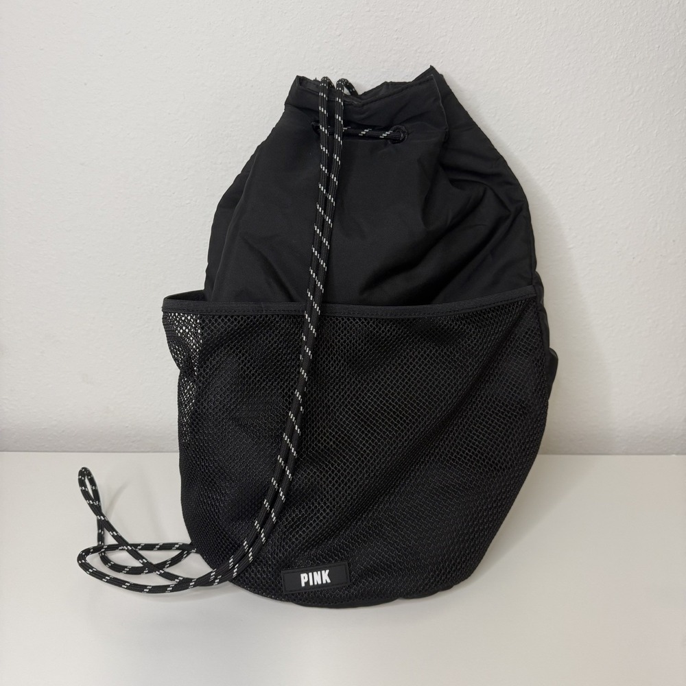 Victoria Secret PINK Draw String Mesh Pocket BAG Backpack BLACK GYM SCHOOL